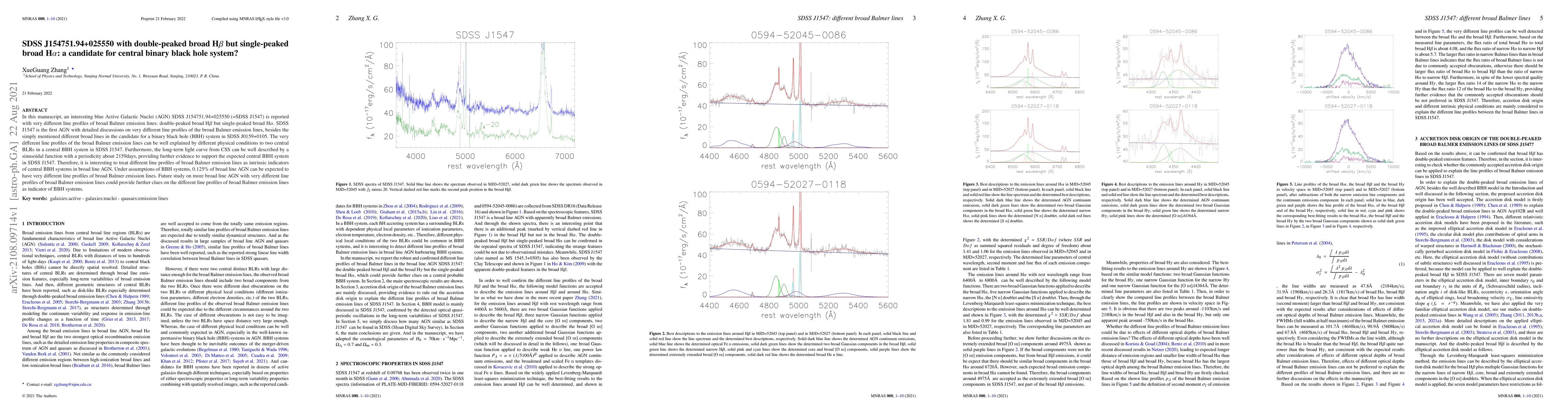Thumbnail for SDSS J154751.94+025550 with double-peaked broad H\beta but single-peaked
  broad H\alpha: a candidate for central binary black hole system?