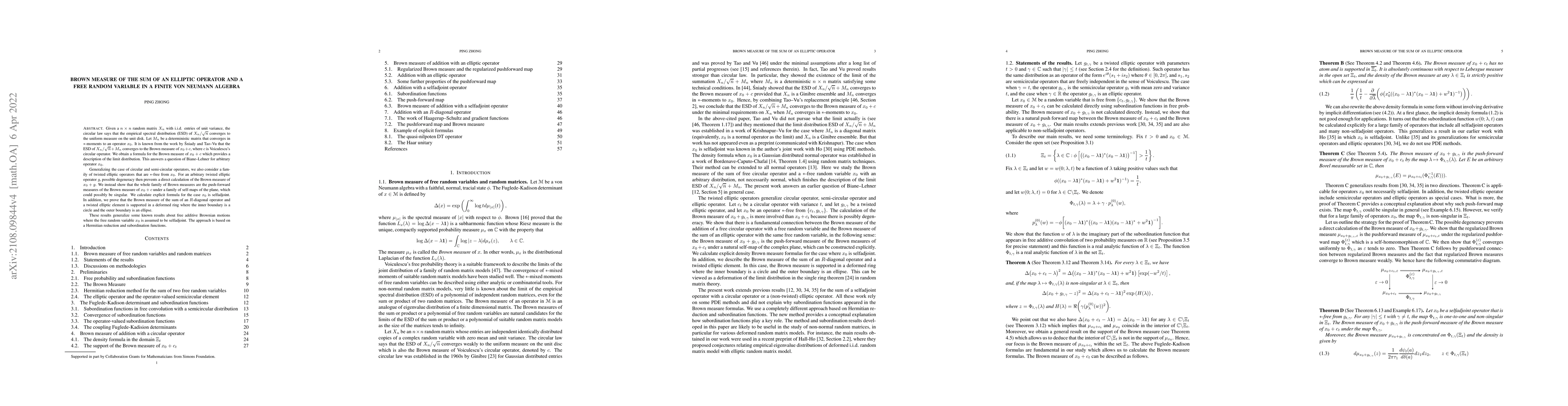 Thumbnail for Brown measure of the sum of an elliptic operator and a free random
  variable in a finite von Neumann algebra