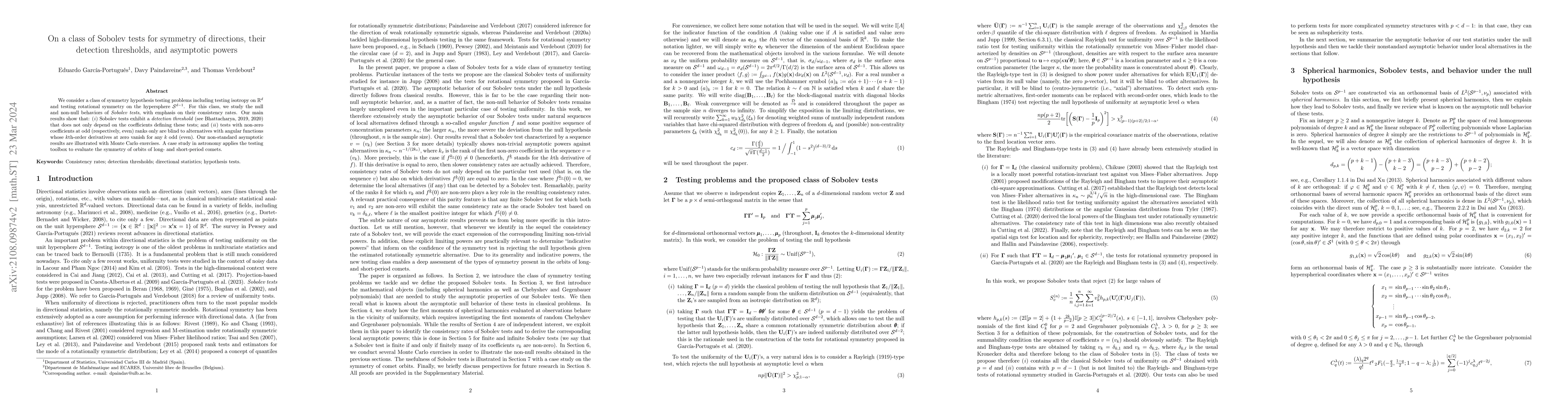 Thumbnail for On a class of Sobolev tests for symmetry of directions, their detection
  thresholds, and asymptotic powers