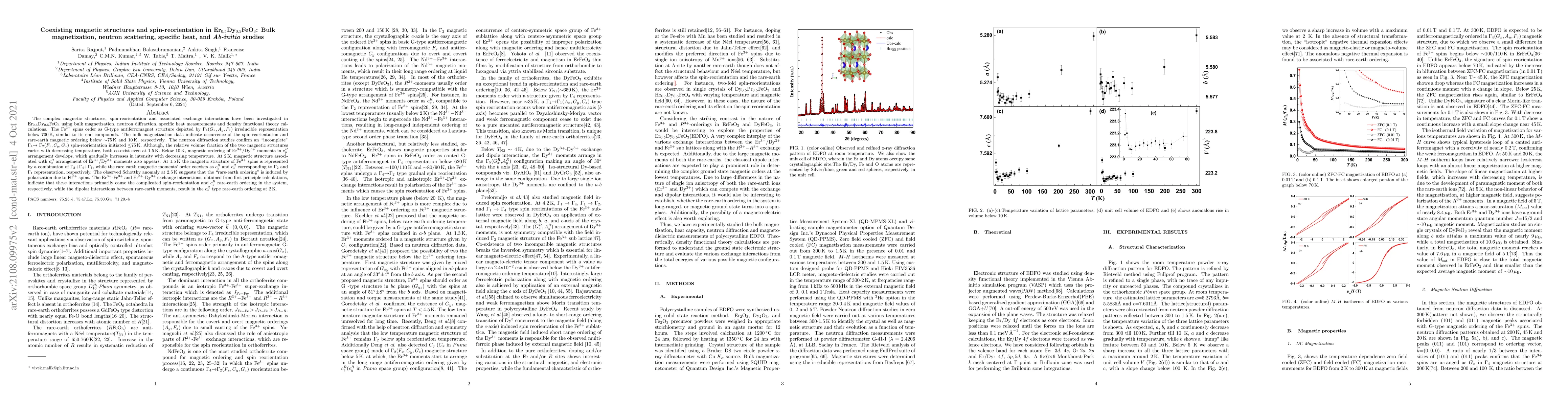 Thumbnail for Coexisting magnetic structures and spin-reorientation in
  Er$_{0.5}$Dy$_{0.5}$FeO$_{3}$: Bulk magnetization, neutron scattering,
  specific heat, and \emph{Ab-initio} studies