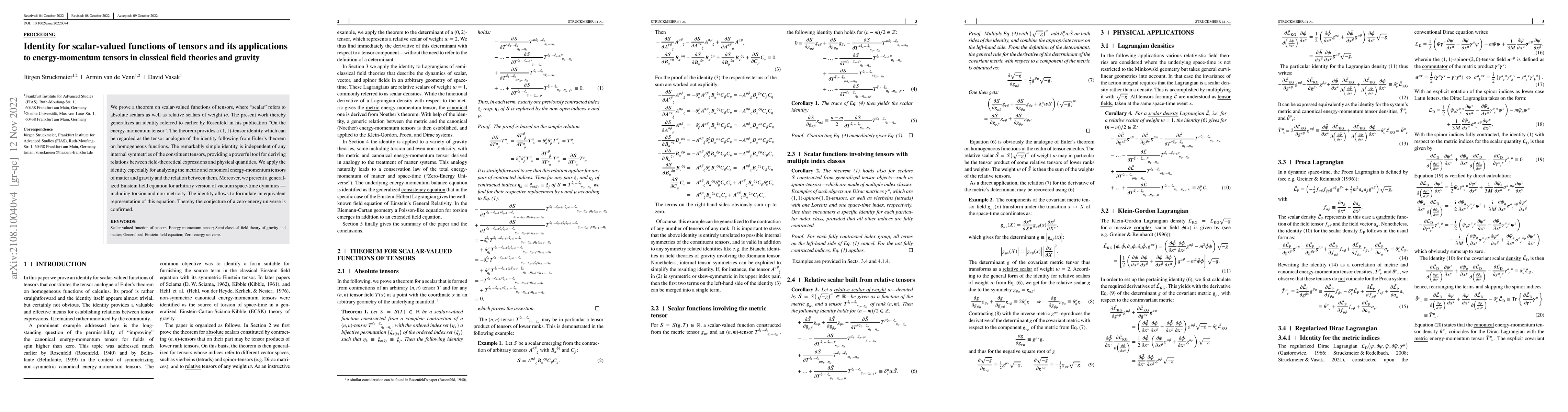 Thumbnail for Identity for scalar-valued functions of tensors and its applications to
  energy-momentum tensors in classical field theories and gravity