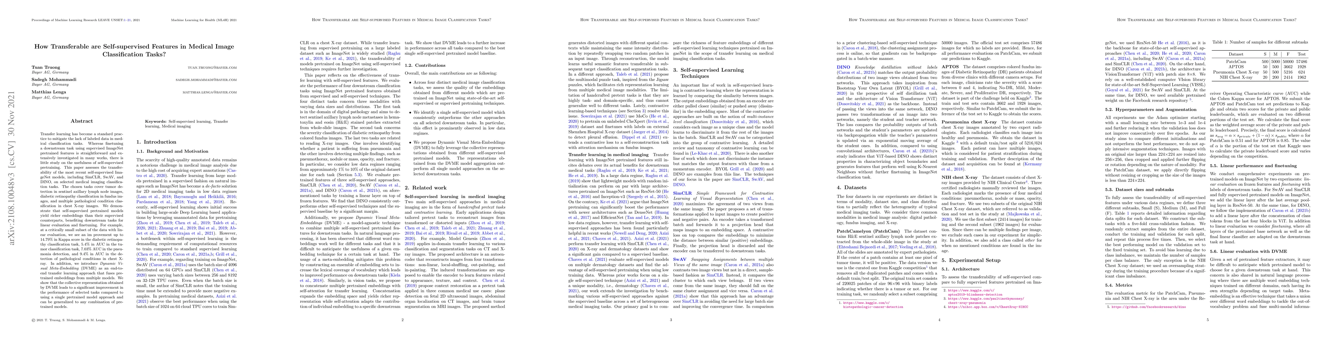 Thumbnail for How Transferable Are Self-supervised Features in Medical Image
  Classification Tasks?