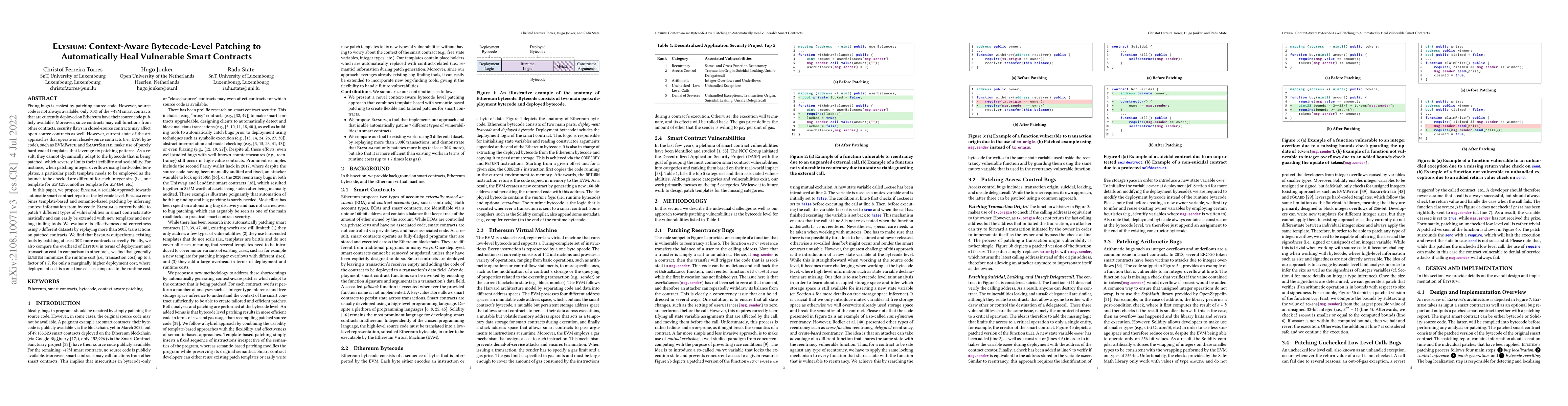 Thumbnail for Elysium: Context-Aware Bytecode-Level Patching to Automatically Heal
  Vulnerable Smart Contracts