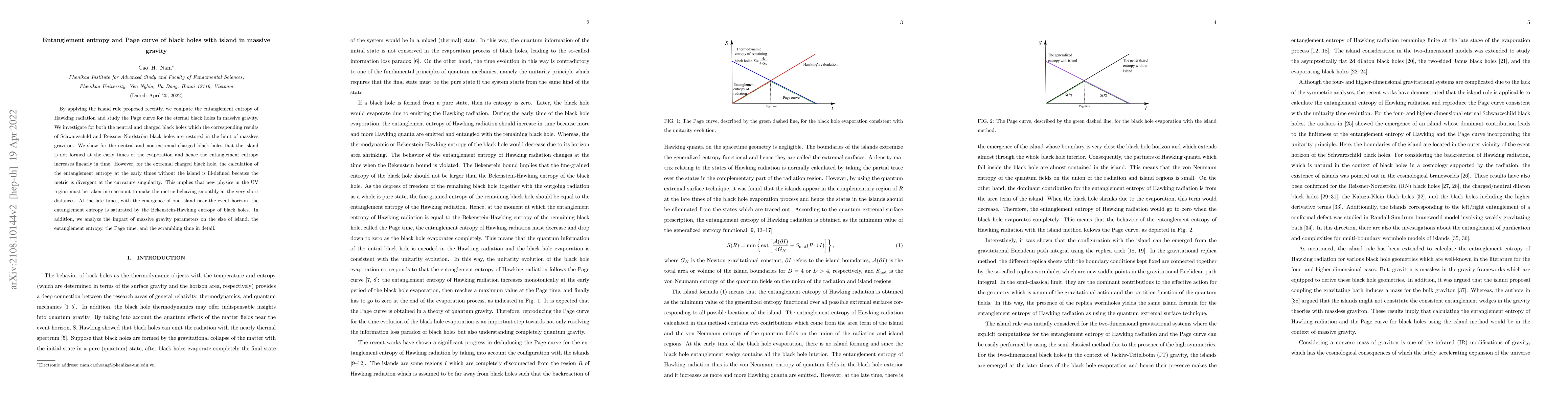 Thumbnail for Entanglement entropy and Page curve of black holes with island in
  massive gravity