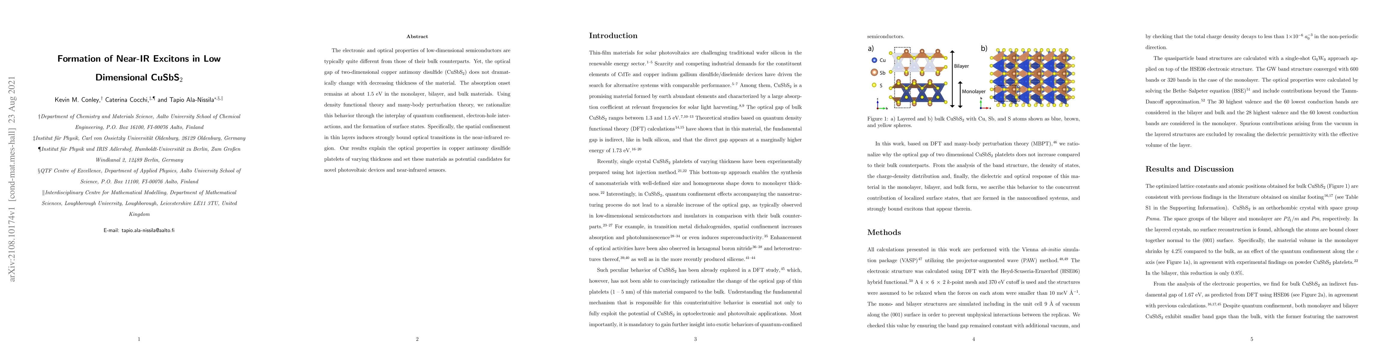 Thumbnail for Formation of Near-IR Excitons in Low Dimensional CuSbS$_2$