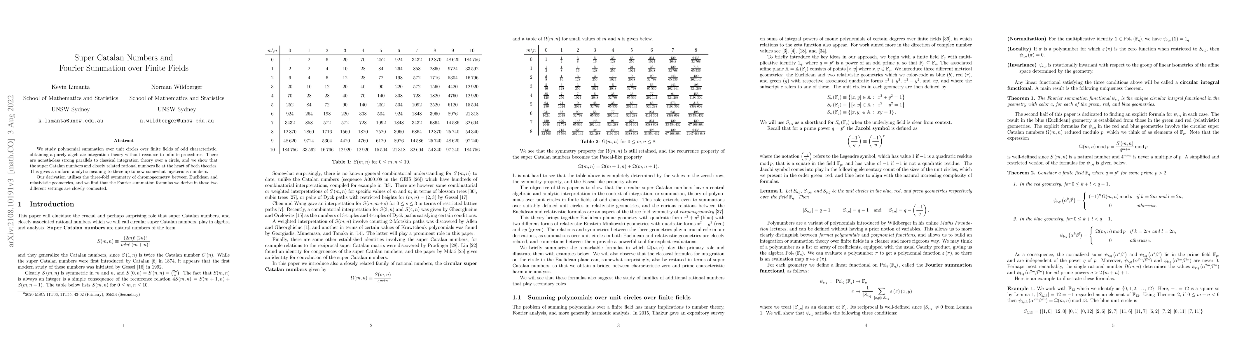 Thumbnail for Super Catalan Numbers and Fourier Summation over Finite Fields