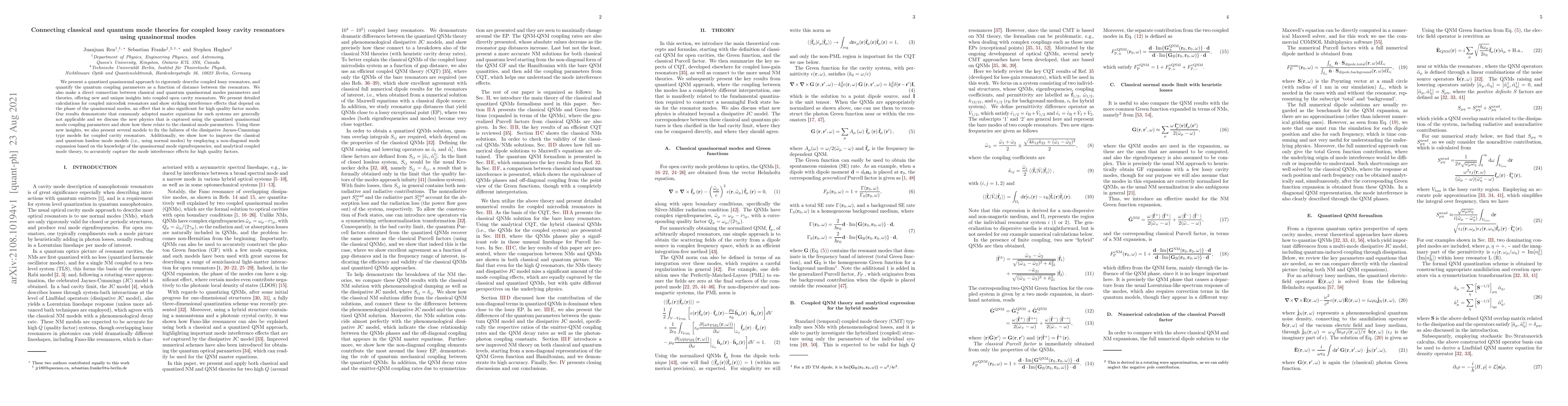 Thumbnail for Connecting classical and quantum mode theories for coupled lossy cavity
  resonators using quasinormal modes