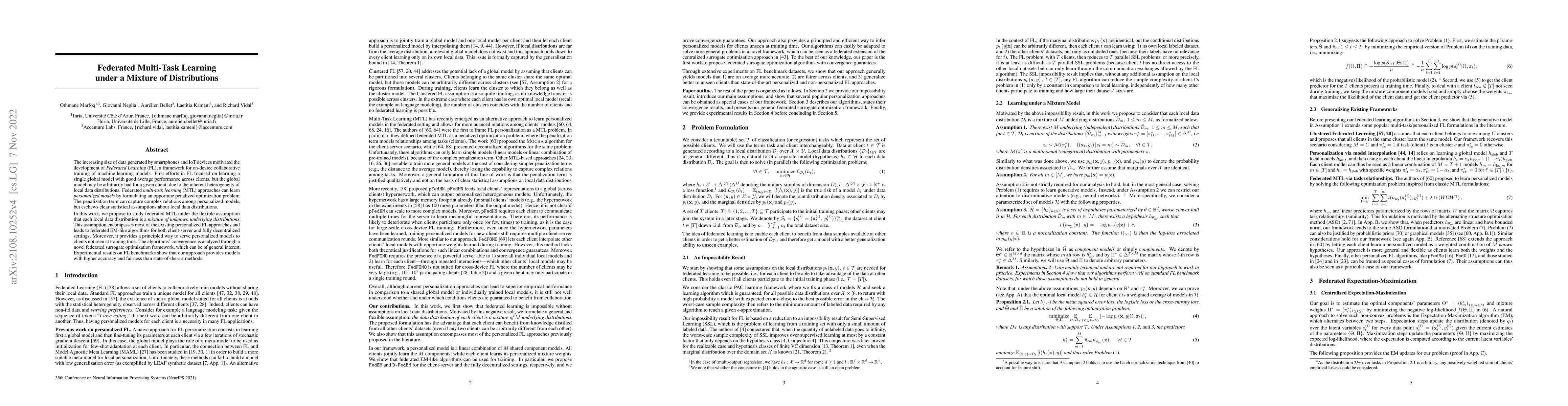 Thumbnail for Federated Multi-Task Learning under a Mixture of Distributions