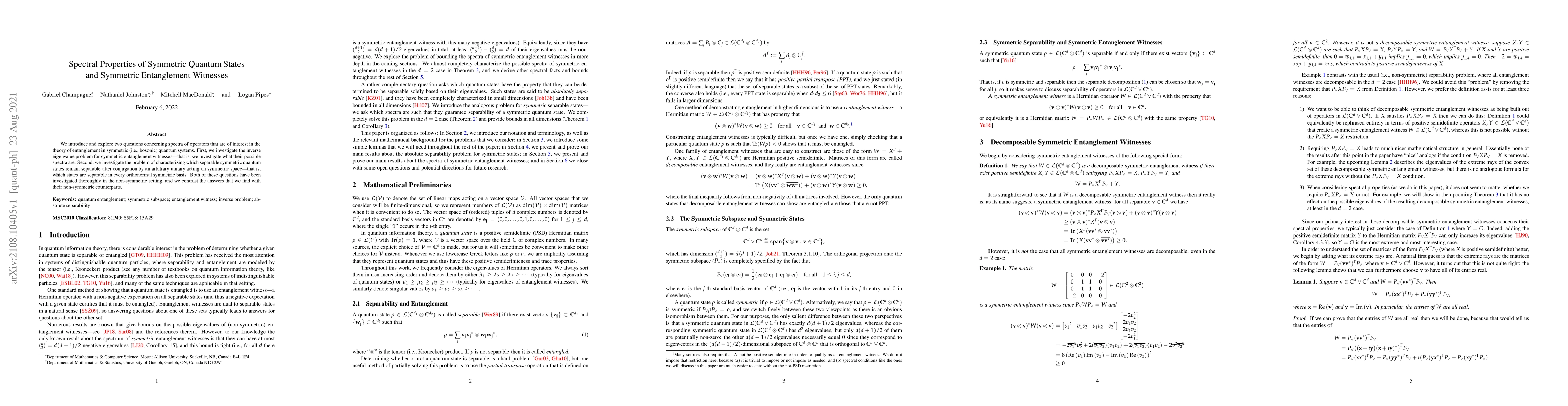 Thumbnail for Spectral Properties of Symmetric Quantum States and Symmetric
  Entanglement Witnesses