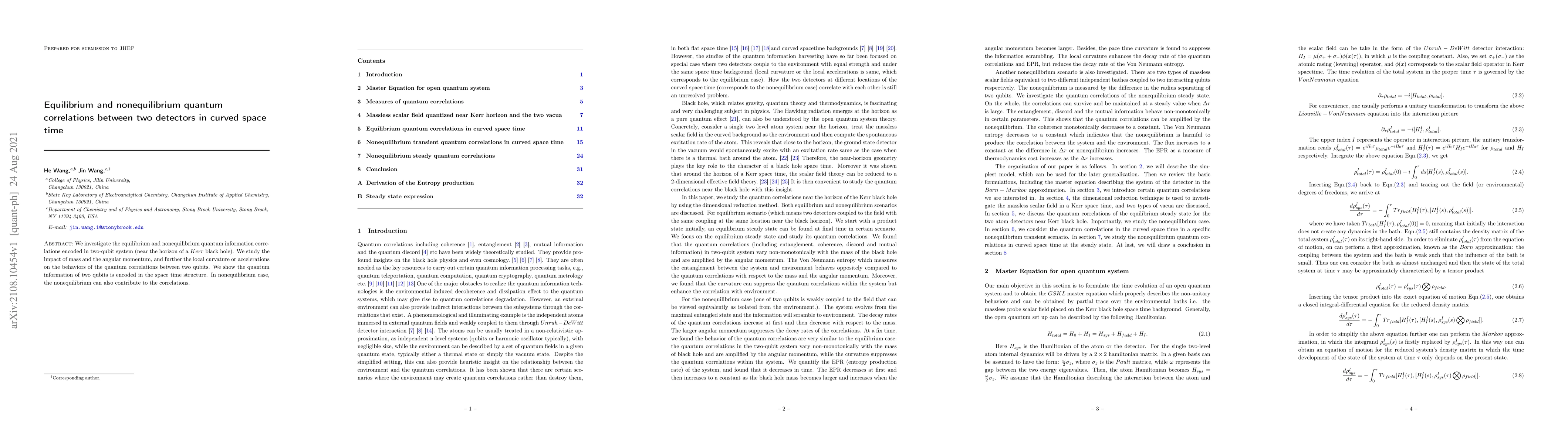 Thumbnail for Equilibrium and nonequilibrium quantum correlations between two
  detectors in curved space time