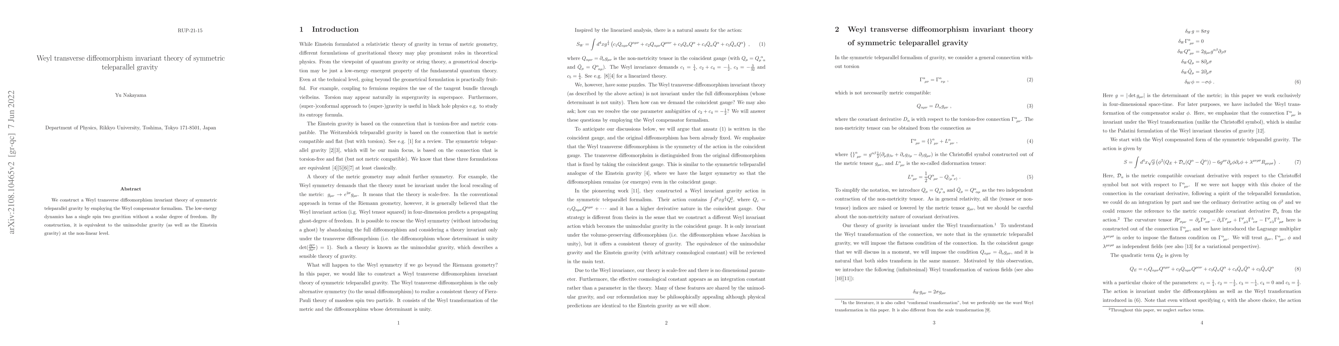Thumbnail for Weyl transverse diffeomorphism invariant theory of symmetric
  teleparallel gravity