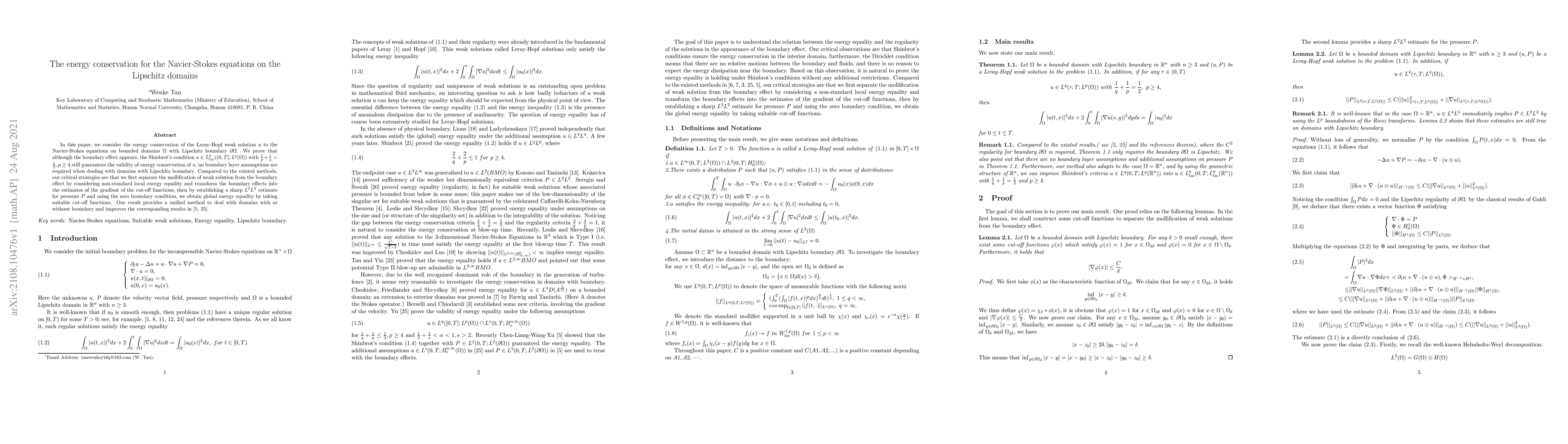 Thumbnail for The energy conservation for the Navier-Stokes equations on the Lipschitz
  domains