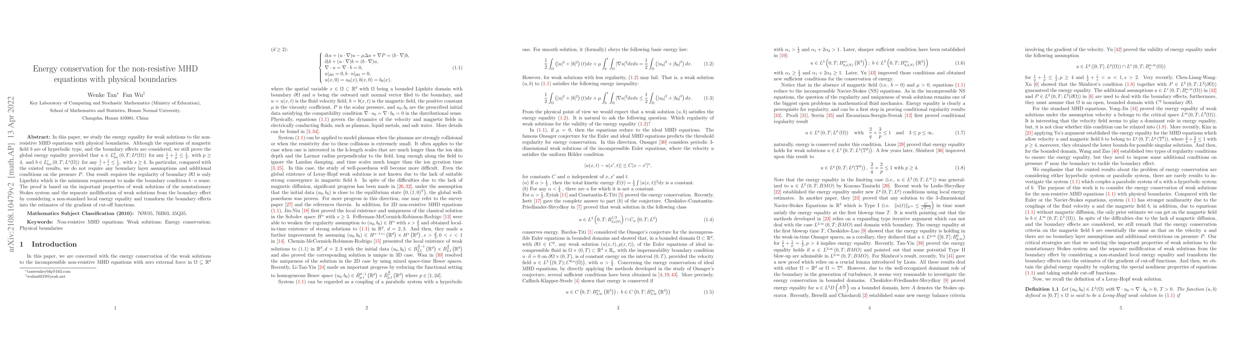 Thumbnail for Energy conservation for the non-resistive MHD equations with physical
  boundaries