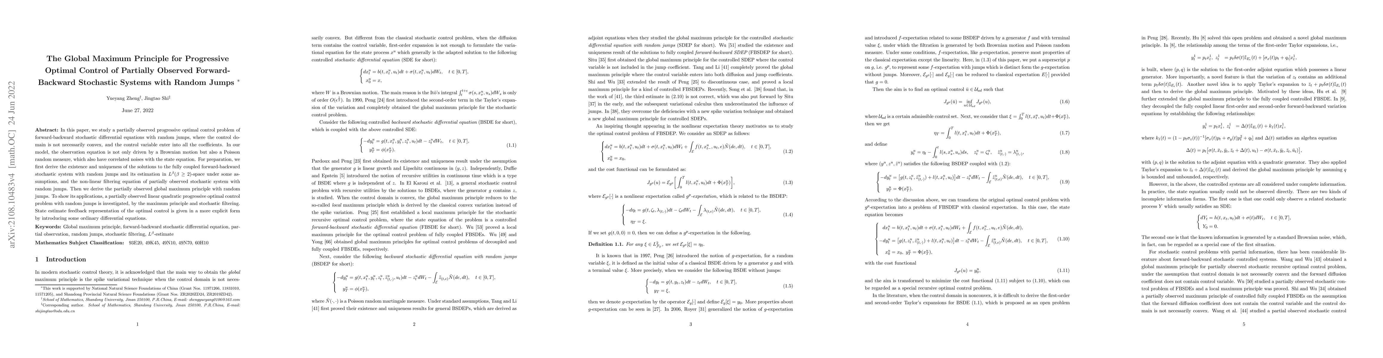Thumbnail for The Global Maximum Principle for Progressive Optimal Control of
  Partially Observed Forward-Backward Stochastic Systems with Random Jumps