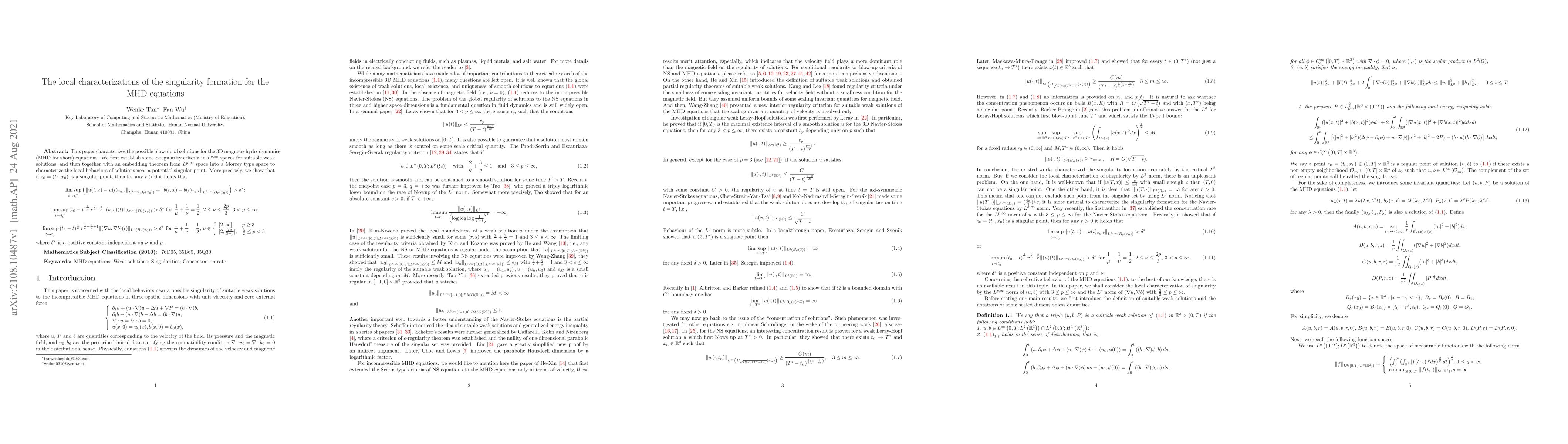 Thumbnail for The local characterizations of the singularity formation for the MHD
  equations
