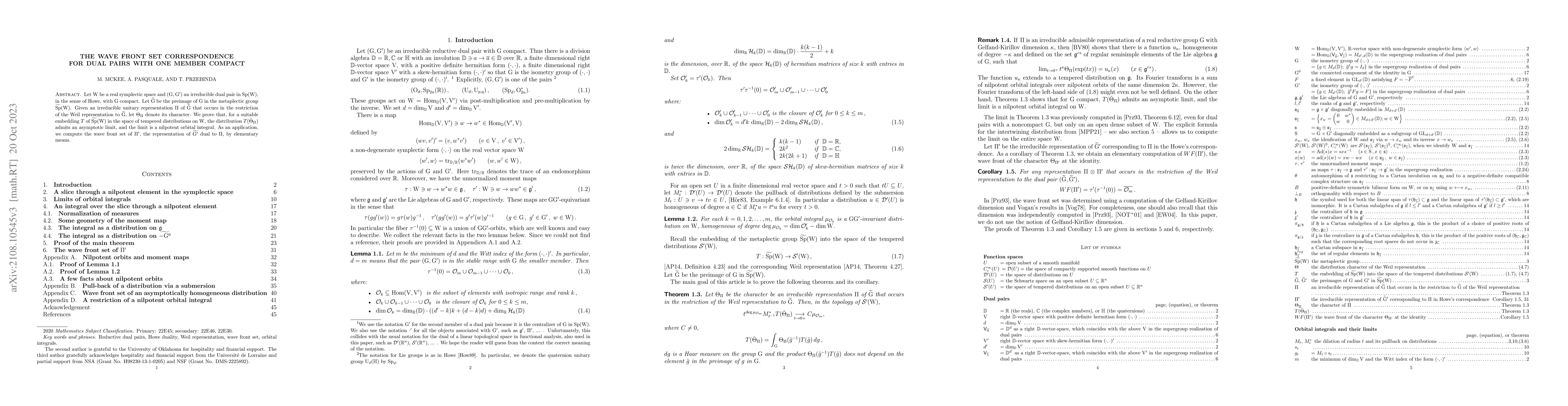 Thumbnail for The wave front set correspondence for dual pairs with one member compact