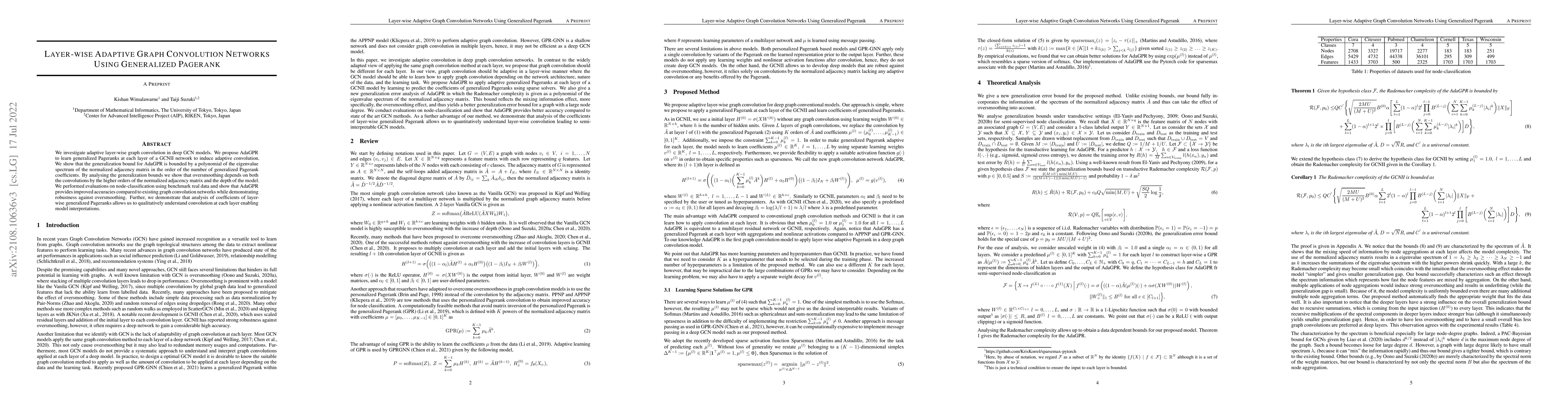 Thumbnail for Layer-wise Adaptive Graph Convolution Networks Using Generalized
  Pagerank