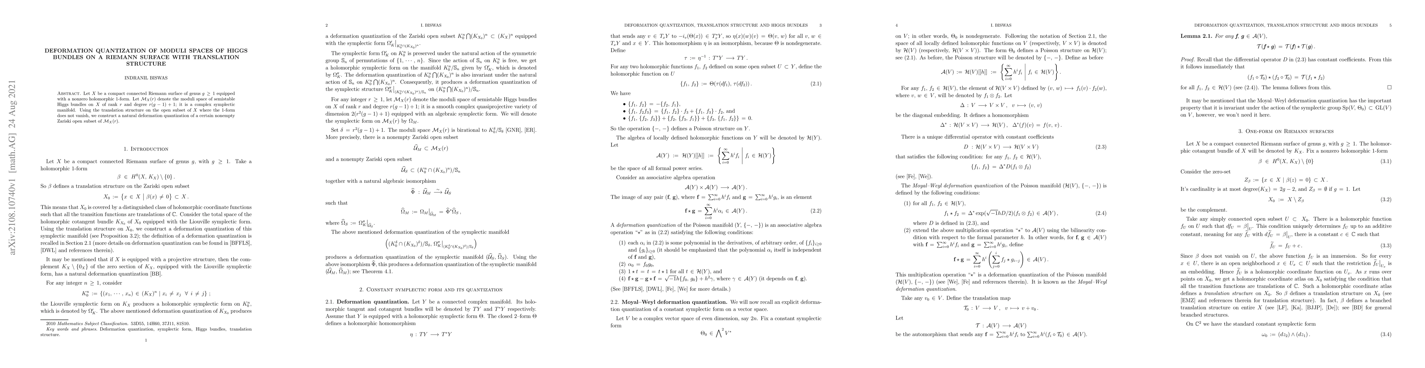 Thumbnail for Deformation quantization of moduli spaces of Higgs bundles on a Riemann
  surface with translation structure