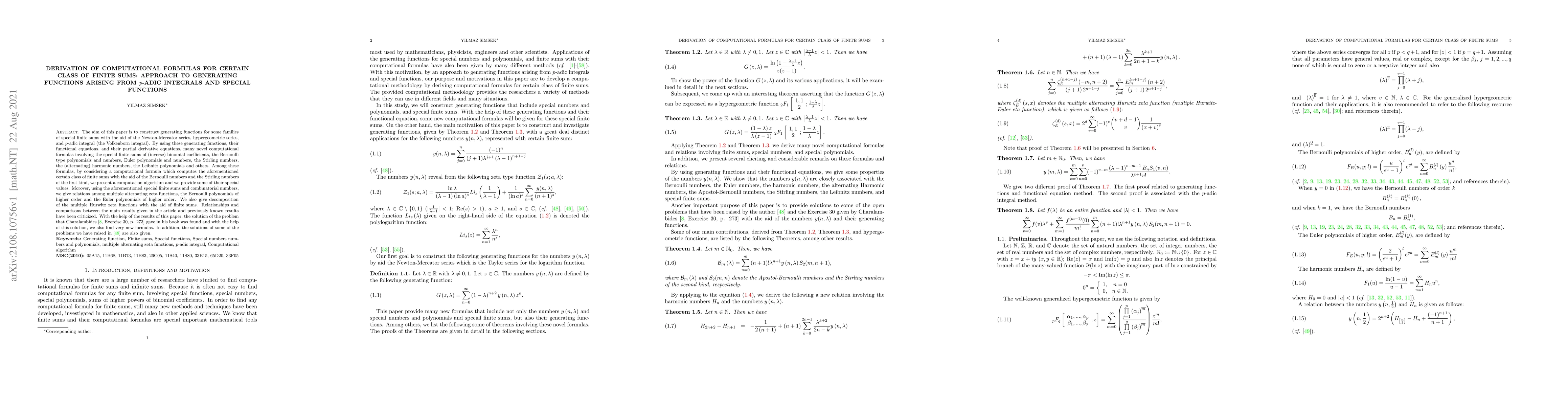 Thumbnail for Derivation of Computational Formulas for certain class of finite sums:
  Approach to Generating functions arising from $p$-adic integrals and special
  functions