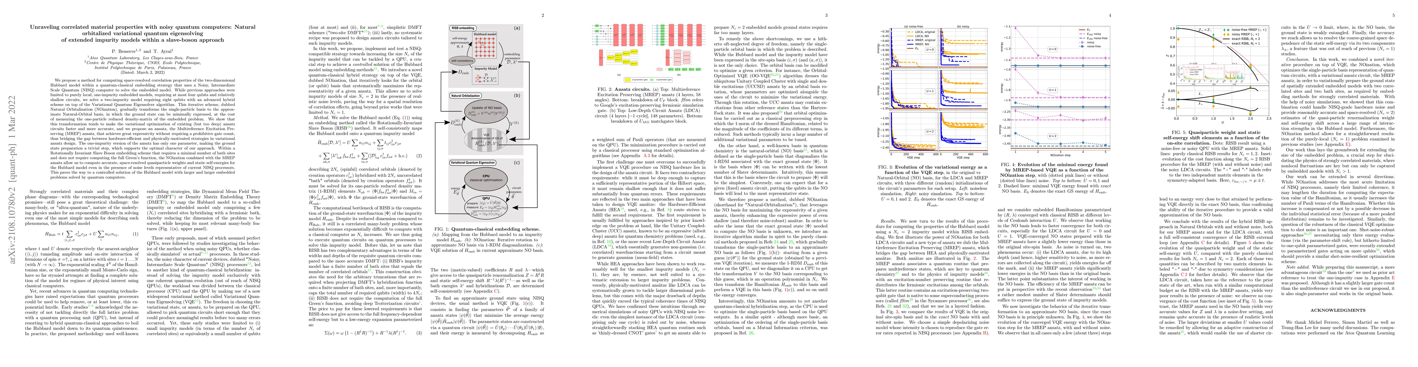 Thumbnail for Unraveling correlated material properties with noisy quantum computers:
  Natural orbitalized variational quantum eigensolving of extended impurity
  models within a slave-boson approach