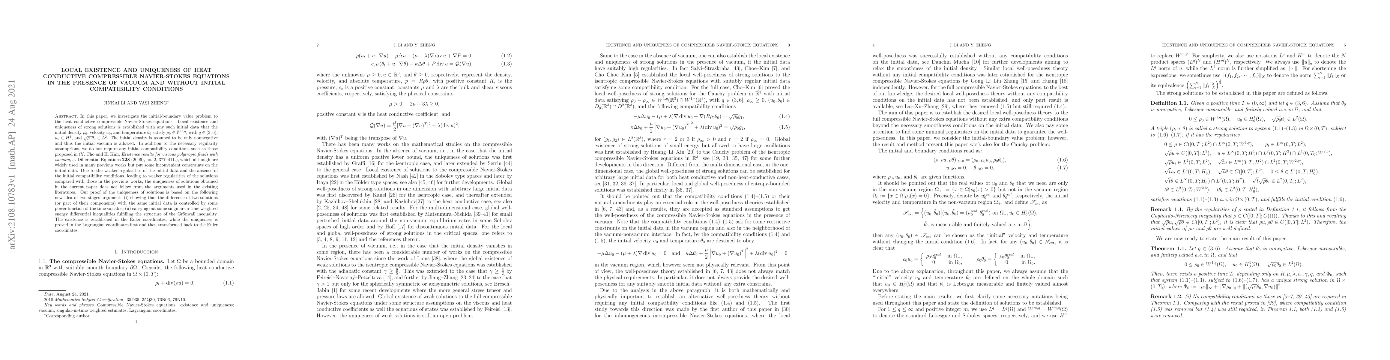 Thumbnail for Local existence and uniqueness of heat conductive compressible
  Navier-Stokes equations in the presence of vacuum and without initial
  compatibility conditions