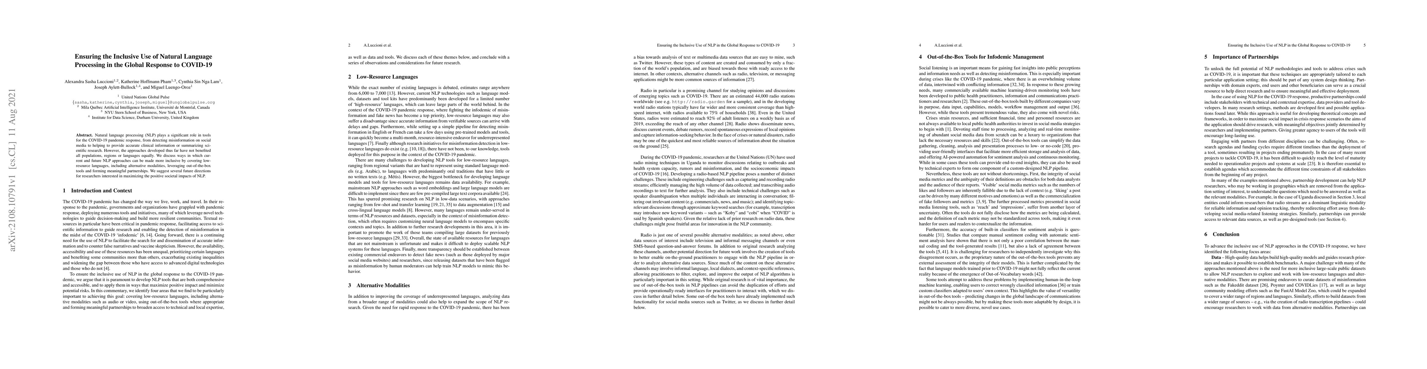 Thumbnail for Ensuring the Inclusive Use of Natural Language Processing in the Global
  Response to COVID-19