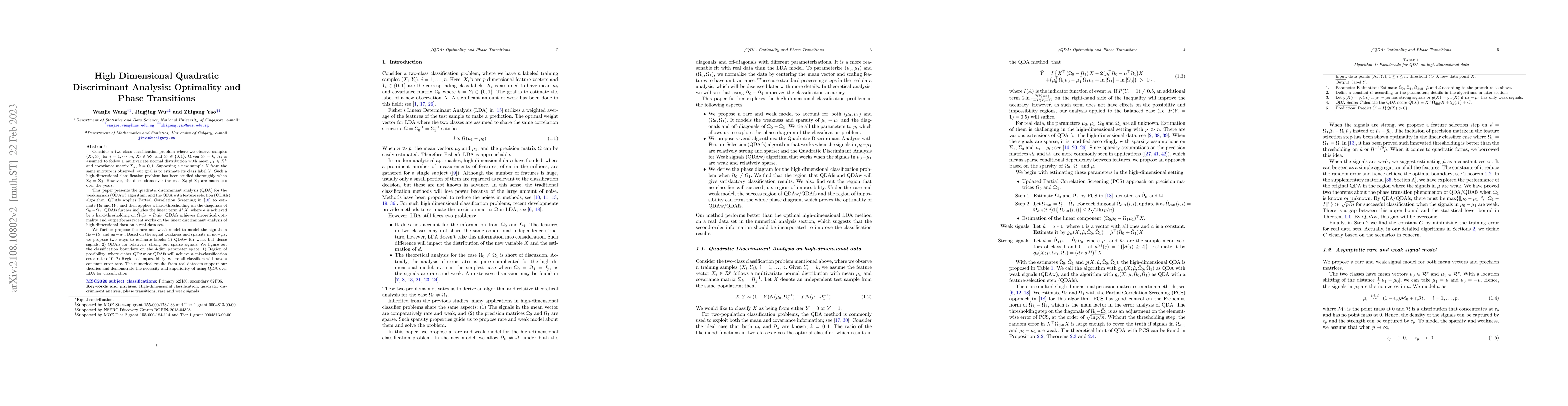Thumbnail for High Dimensional Quadratic Discriminant Analysis: Optimality and Phase
  Transitions