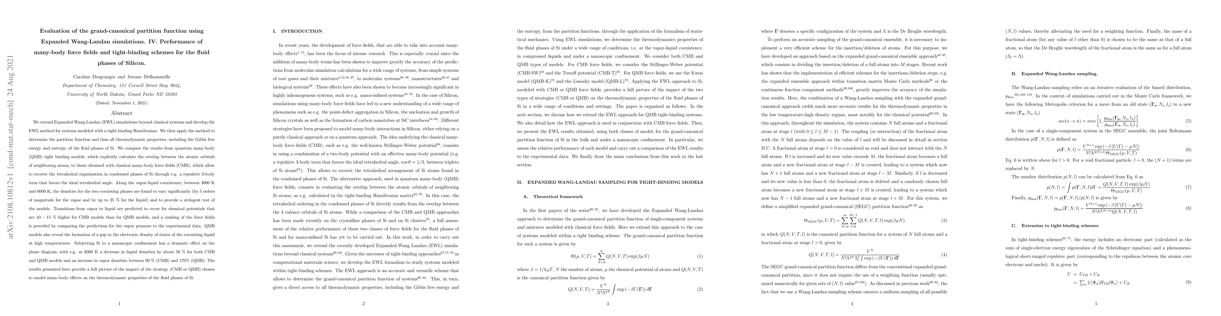 Thumbnail for Evaluation of the grand-canonical partition function using Expanded
  Wang-Landau simulations. IV. Performance of many-body force fields and
  tight-binding schemes for the fluid phases of Silicon