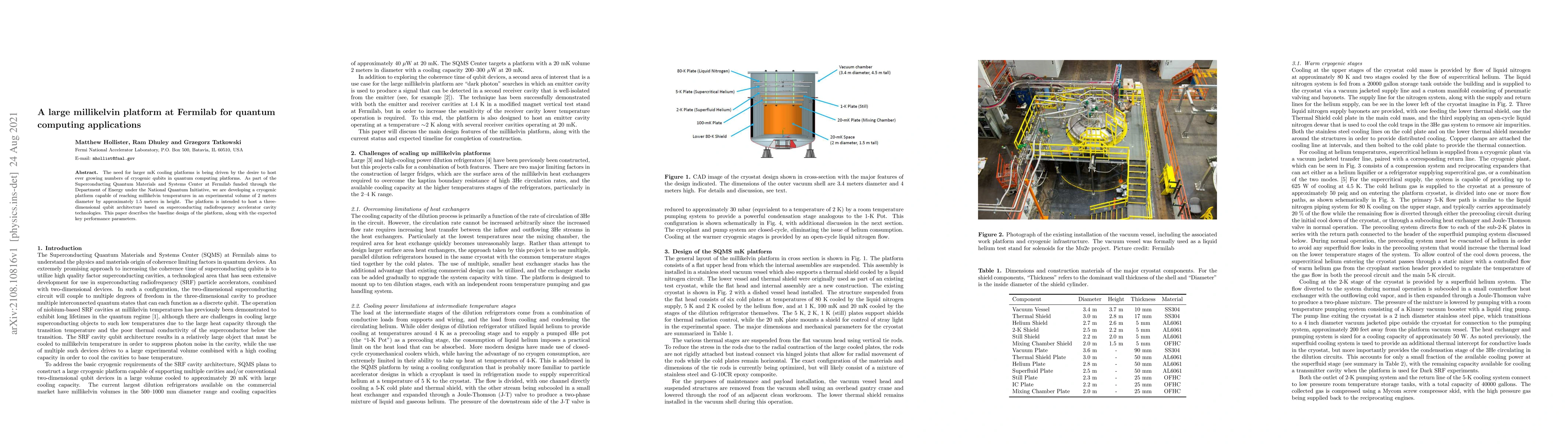 Thumbnail for A large millikelvin platform at Fermilab for quantum computing
  applications