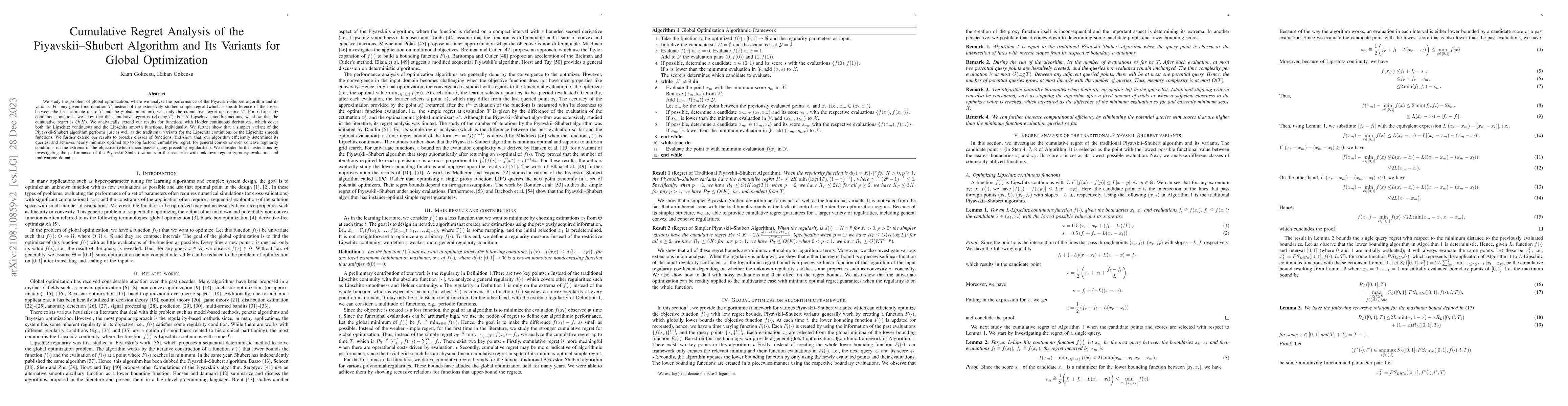 Thumbnail for Cumulative Regret Analysis of the Piyavskii--Shubert Algorithm and Its
  Variants for Global Optimization