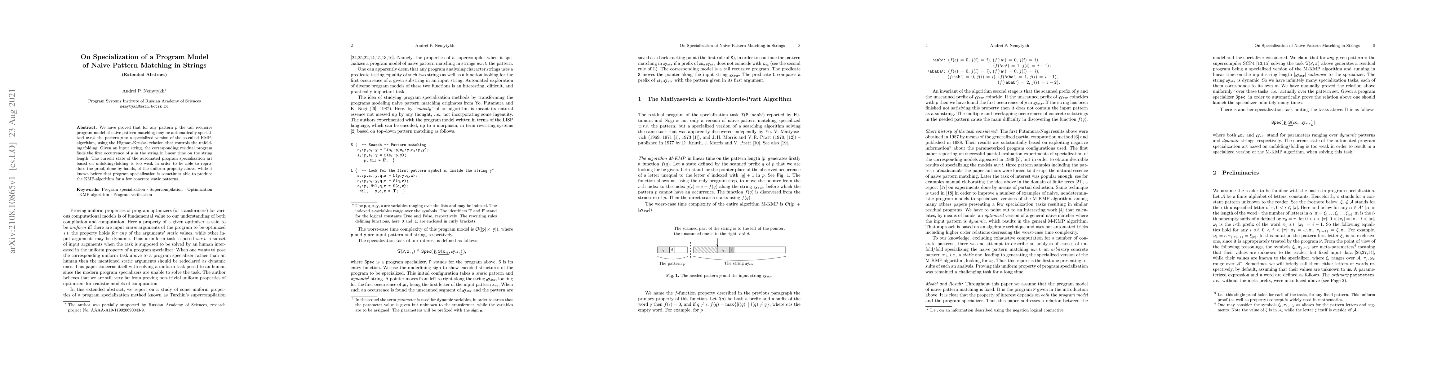Thumbnail for On Specialization of a Program Model of Naive Pattern Matching in
  Strings (Extended Abstract)