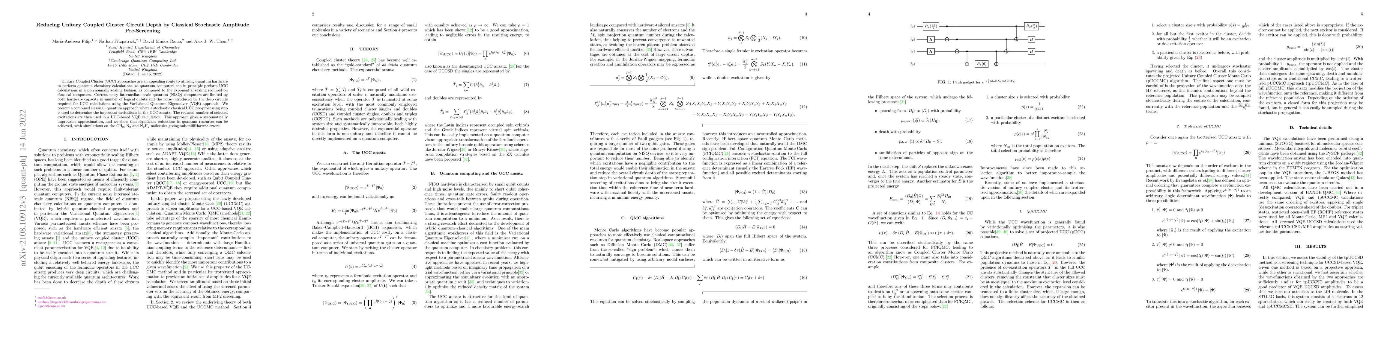 Thumbnail for Reducing Unitary Coupled Cluster Circuit Depth by Classical Stochastic
  Amplitude Pre-Screening