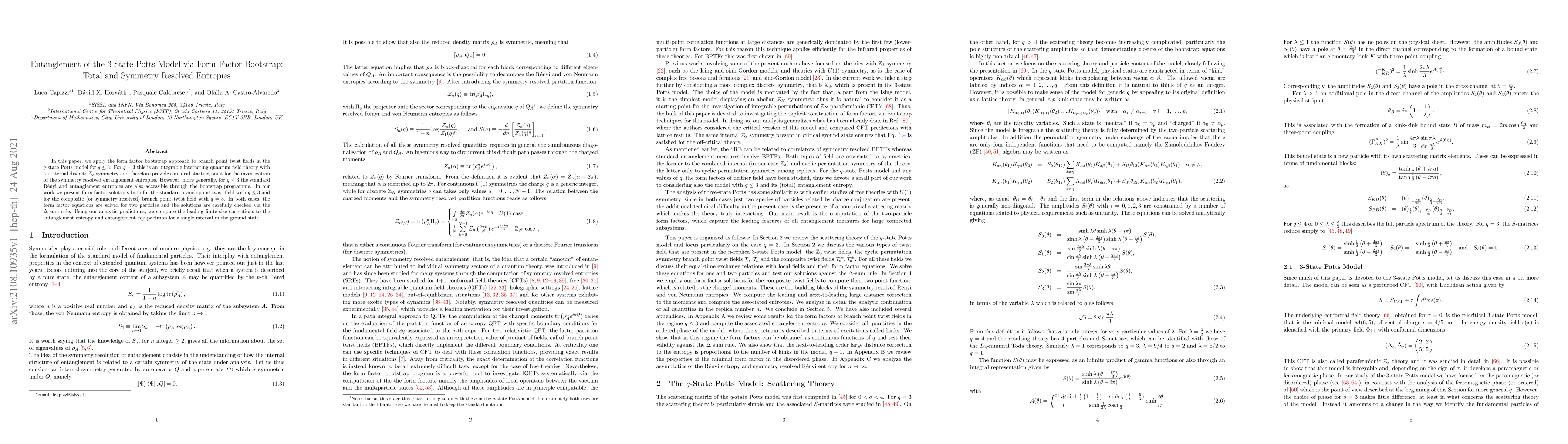 Thumbnail for Entanglement of the $3$-State Potts Model via Form Factor Bootstrap:
  Total and Symmetry Resolved Entropies