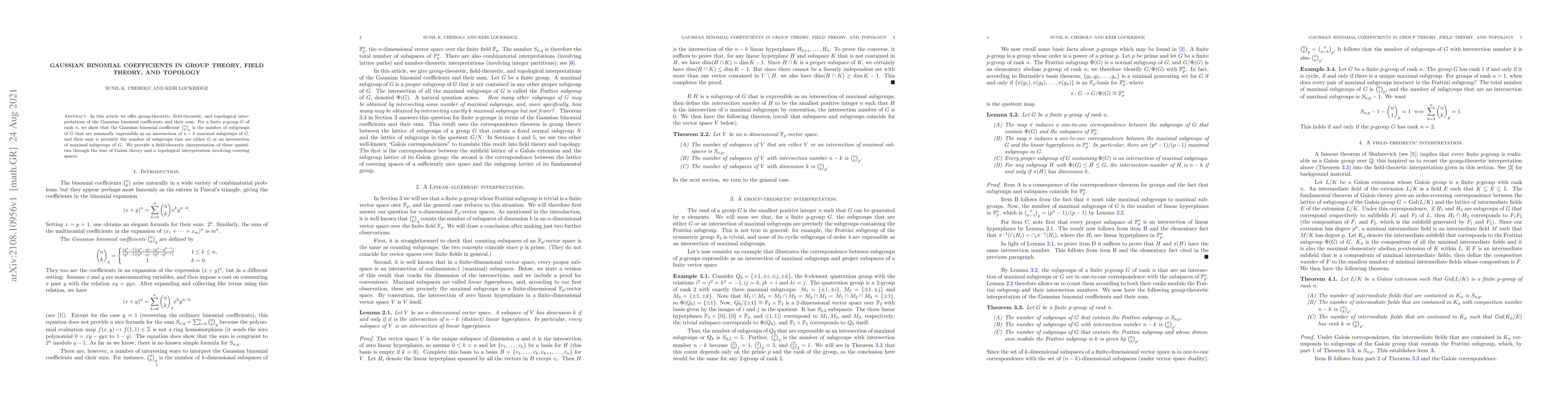 Thumbnail for Gaussian Binomial Coefficients in Group Theory, Field Theory, and
  Topology