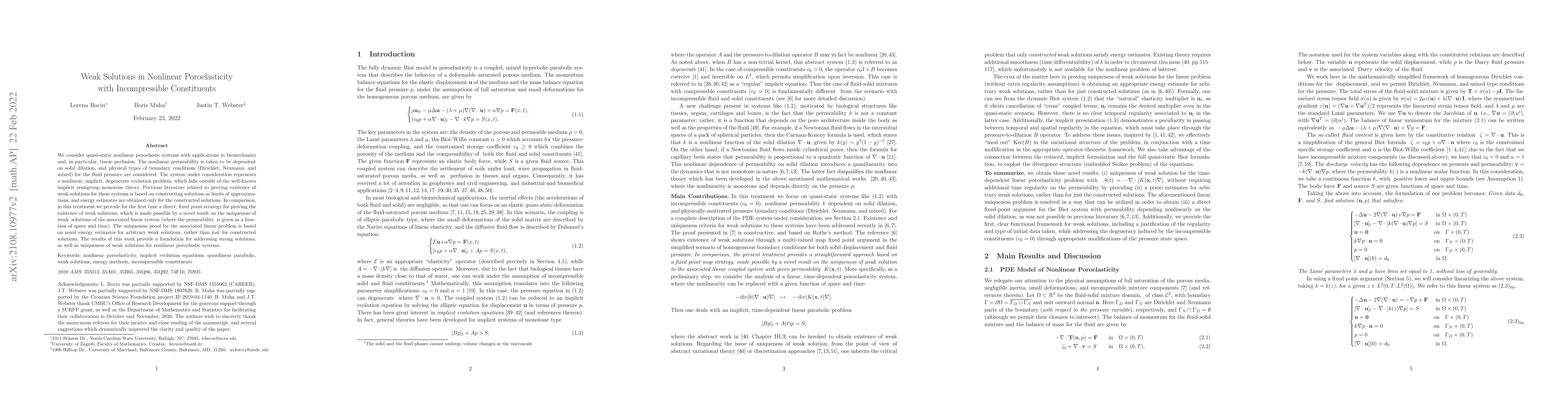 Thumbnail for Weak Solutions in Nonlinear Poroelasticity with Incompressible
  Constituents