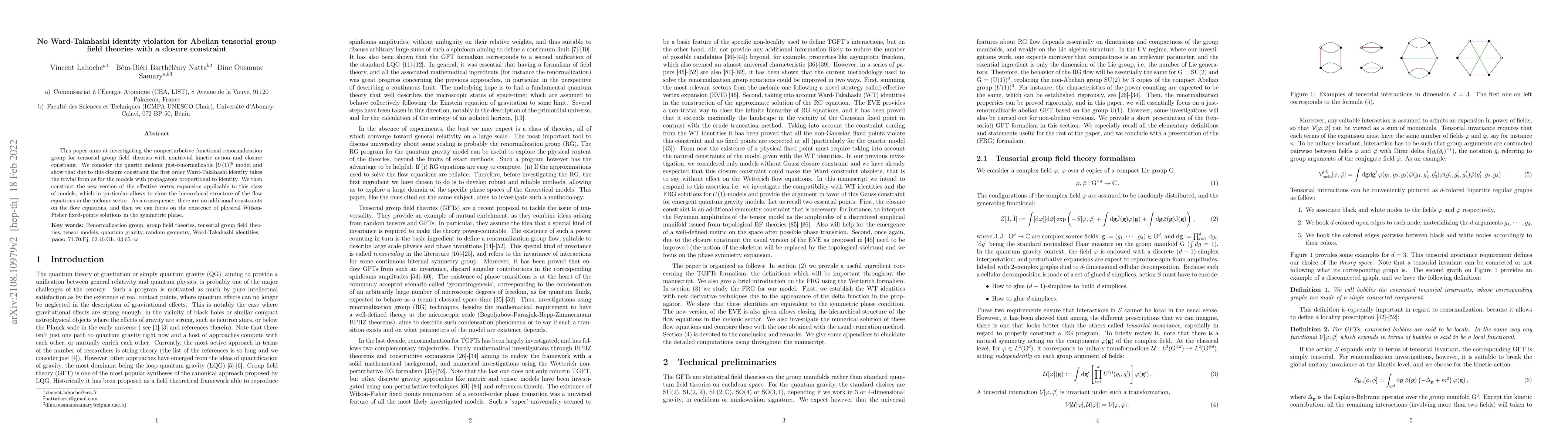 Thumbnail for No Ward-Takahashi identity violation for an Abelian tensorial group
  field theories with closure constraint