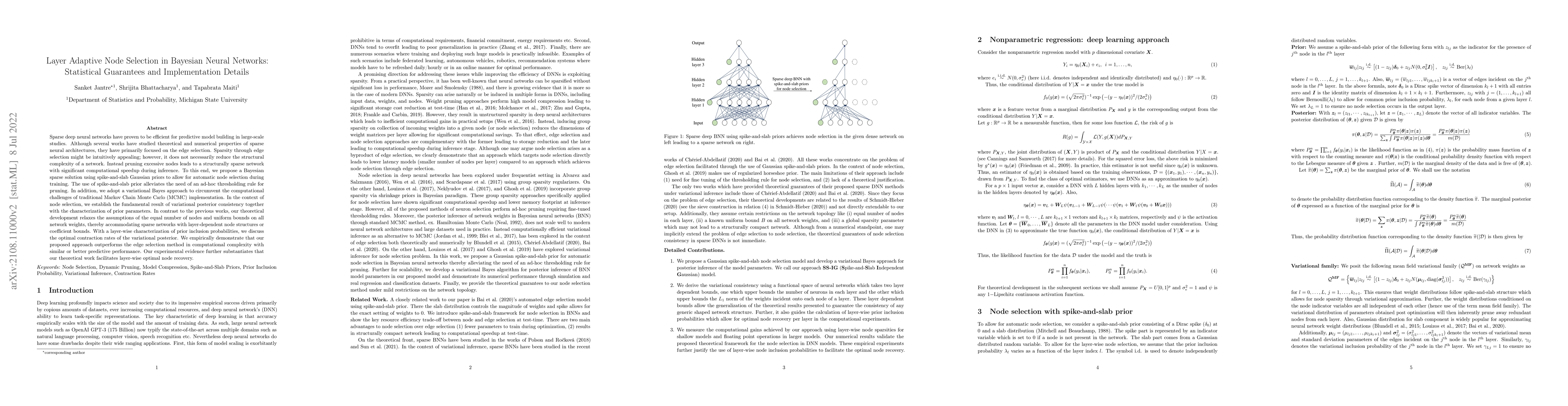 Thumbnail for Layer Adaptive Node Selection in Bayesian Neural Networks: Statistical
  Guarantees and Implementation Details