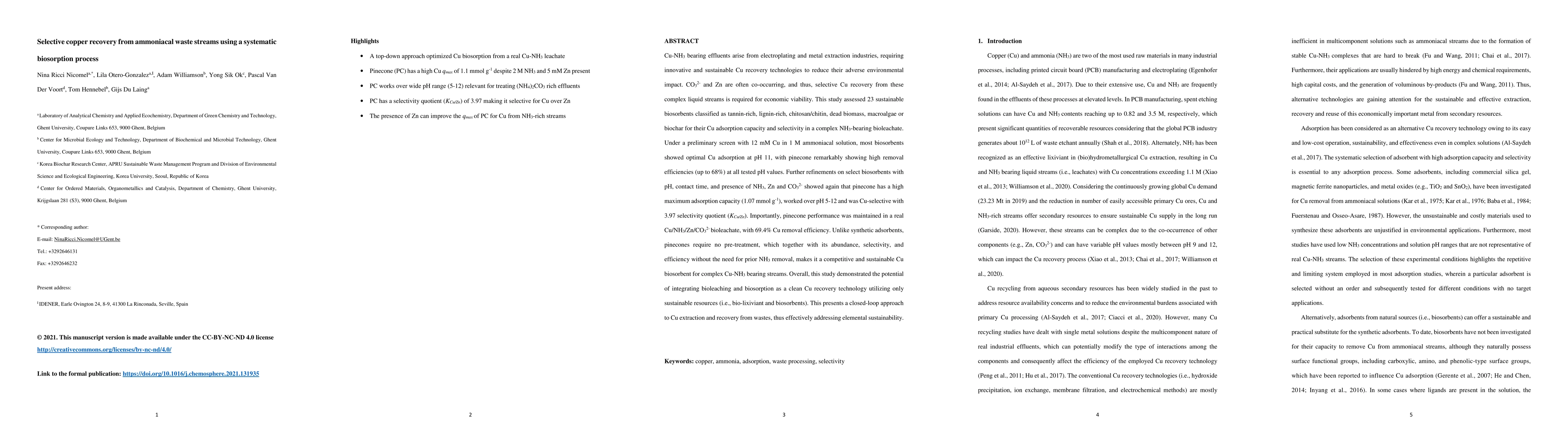 Thumbnail for Selective copper recovery from ammoniacal waste streams using a
  systematic biosorption process