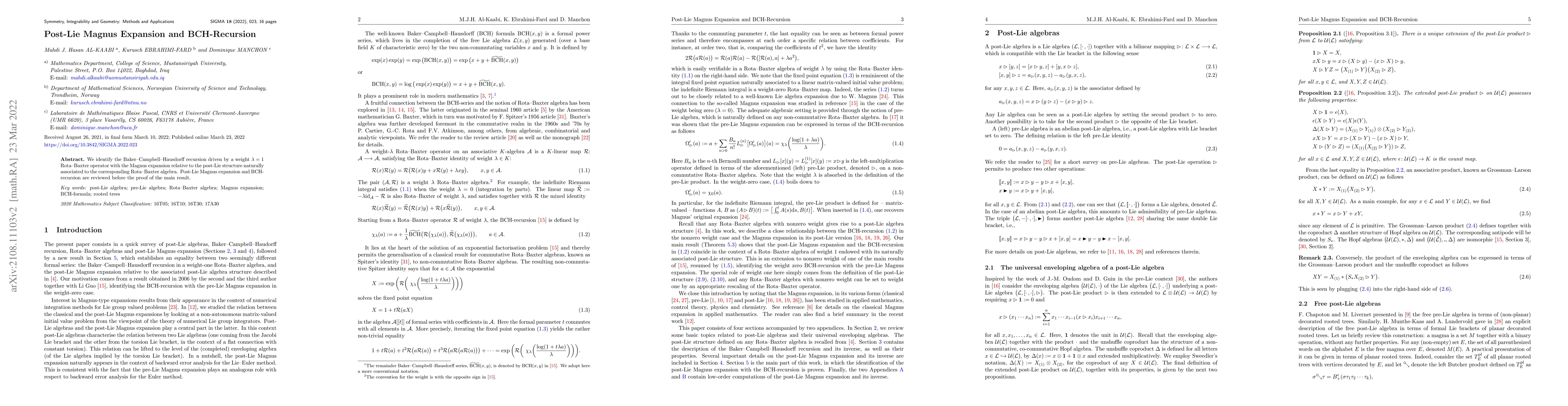 Thumbnail for Post-Lie-Magnus expansion and BCH-recursion