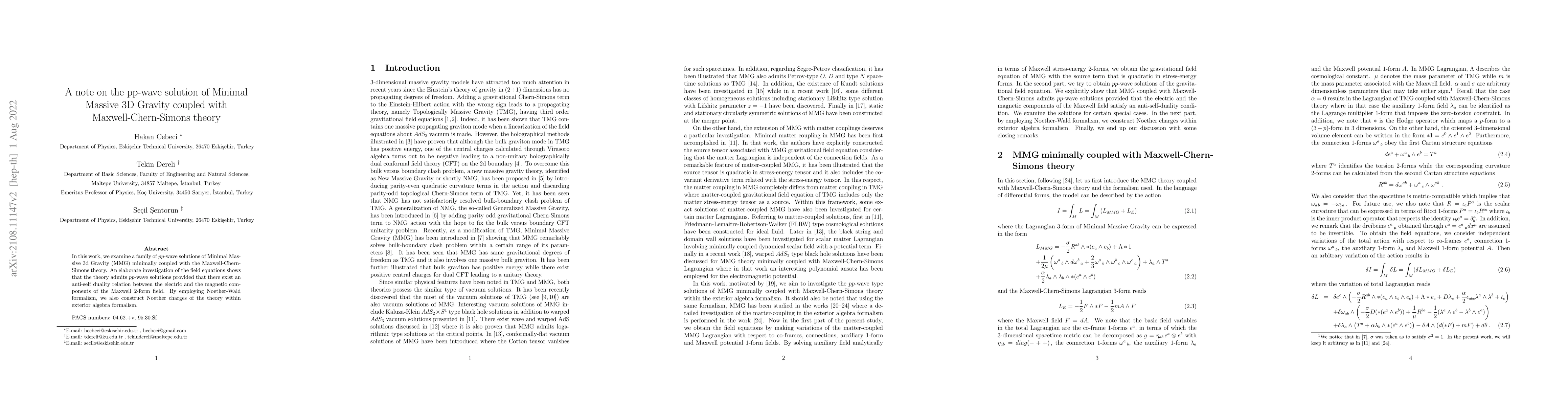 Thumbnail for A note on the pp-wave solution of Minimal Massive 3D Gravity coupled
  with Maxwell-Chern-Simons theory