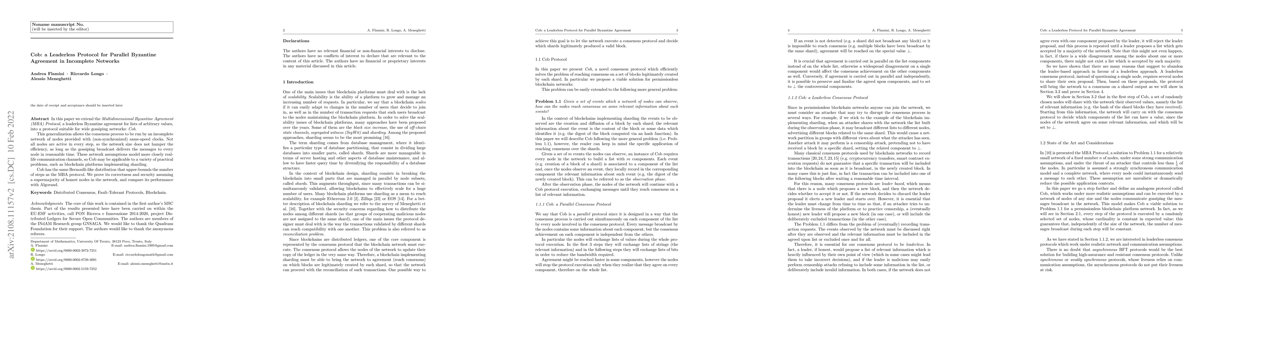 Thumbnail for Cob: a Leaderless Protocol for Parallel Byzantine Agreement in
  Incomplete Networks