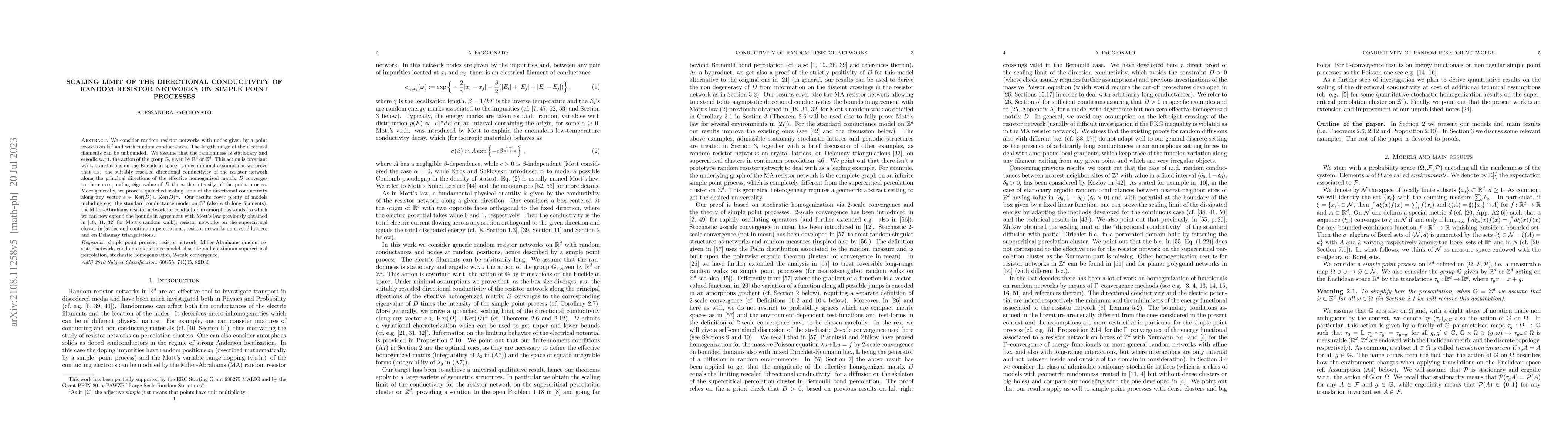 Thumbnail for Scaling limit of the directional conductivity of random resistor
  networks on simple point processes