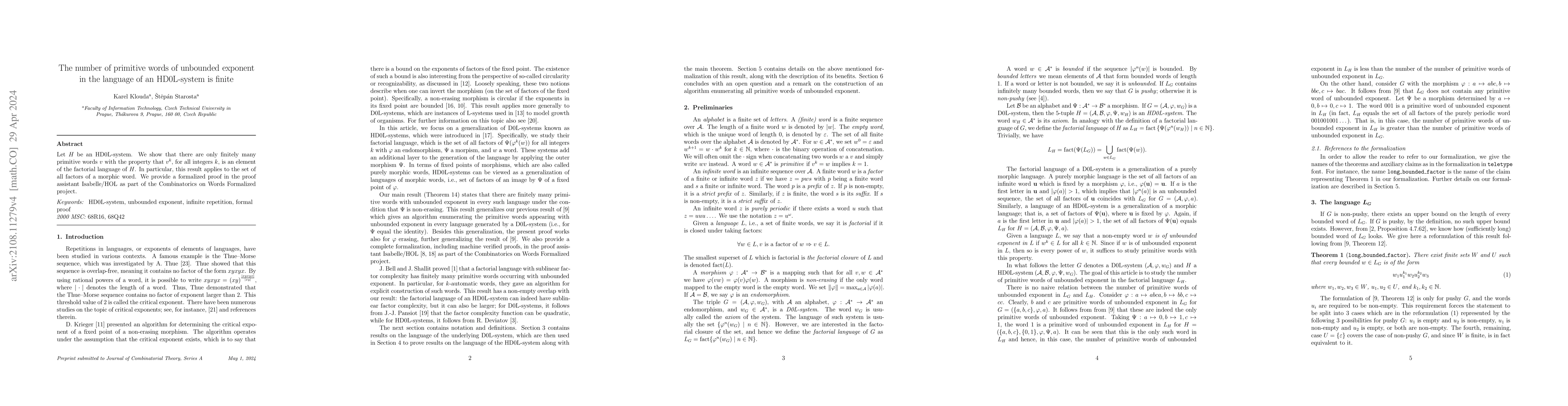 Thumbnail for The number of primitive words of unbounded exponent in the language of
  an HD0L-system is finite