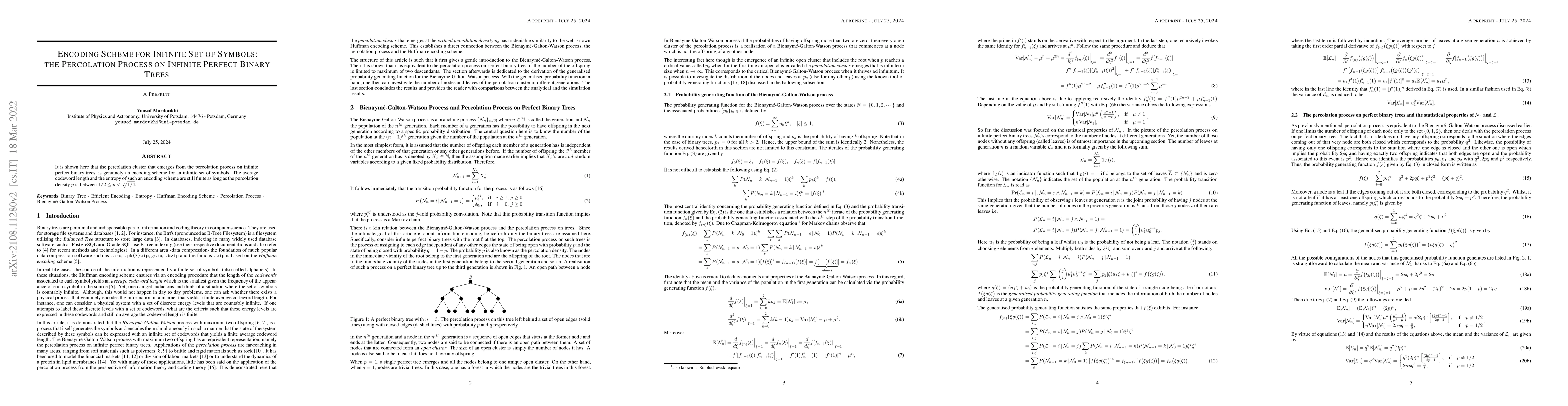 Thumbnail for Encoding Scheme for Infinite Set of Symbols: The Percolation Process on
  Infinite Perfect Binary Trees