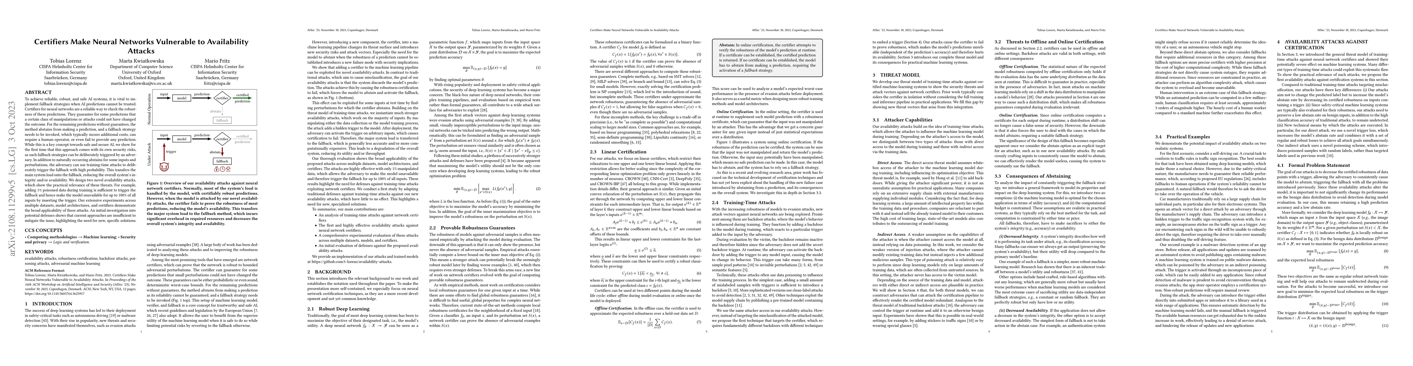 Thumbnail for Certifiers Make Neural Networks Vulnerable to Availability Attacks