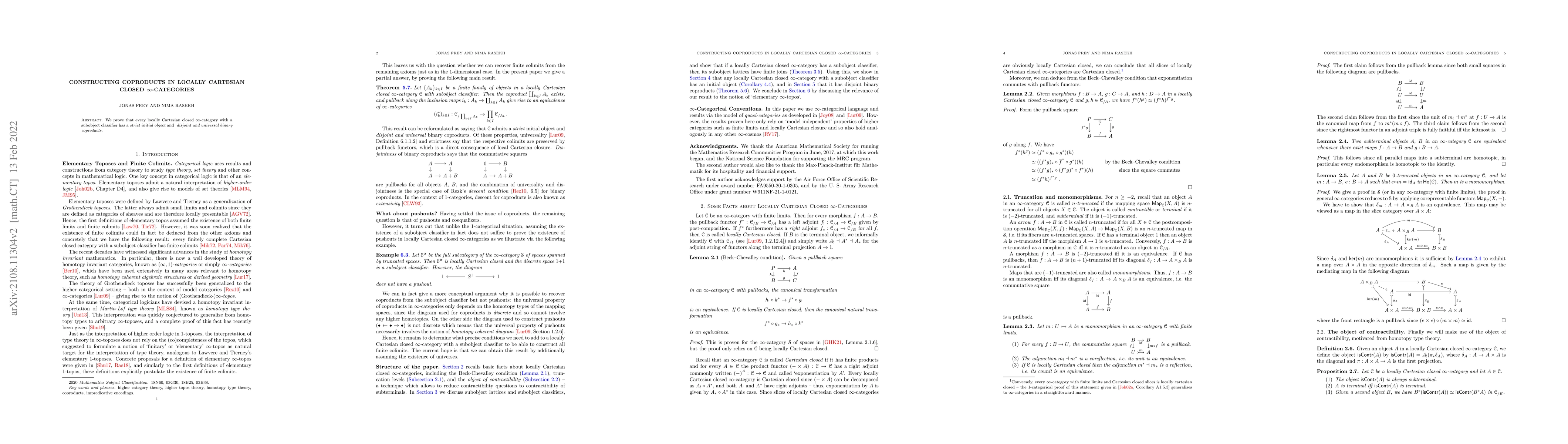 Thumbnail for Constructing Coproducts in locally Cartesian closed $\infty$-Categories