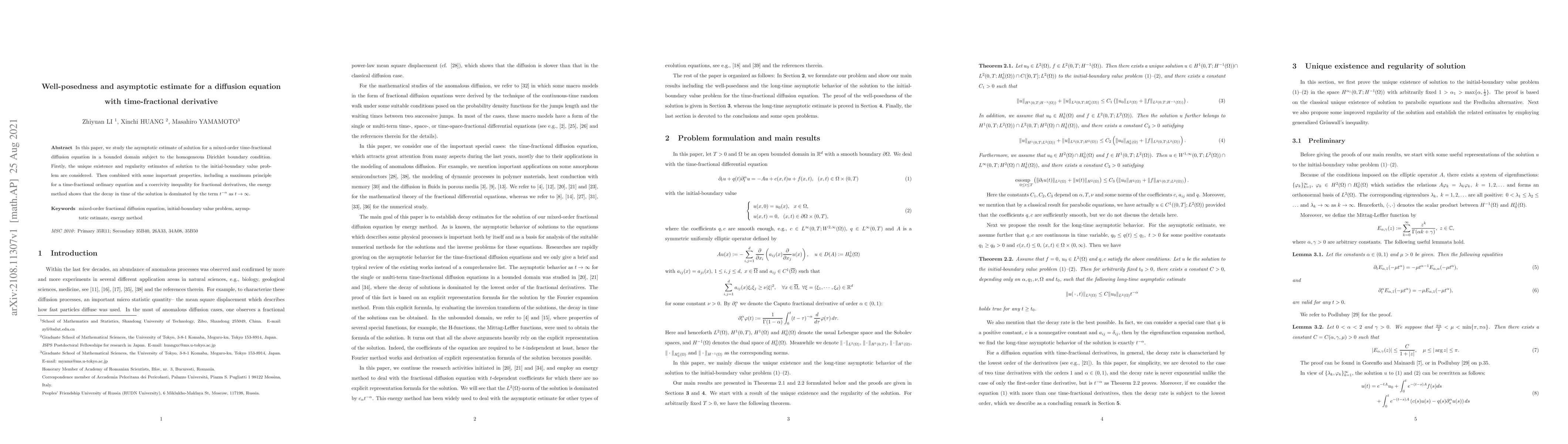 Thumbnail for Well-posedness and asymptotic estimate for a diffusion equation with
  time-fractional derivative