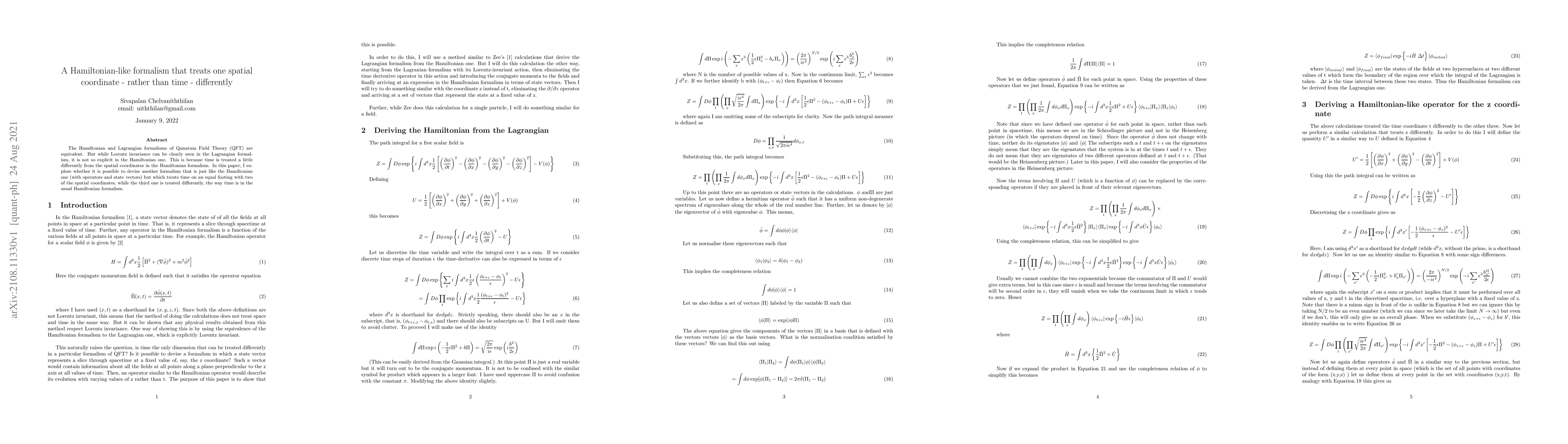 Thumbnail for A Hamiltonian-like formalism that treats one spatial coordinate --
  rather than time -- differently