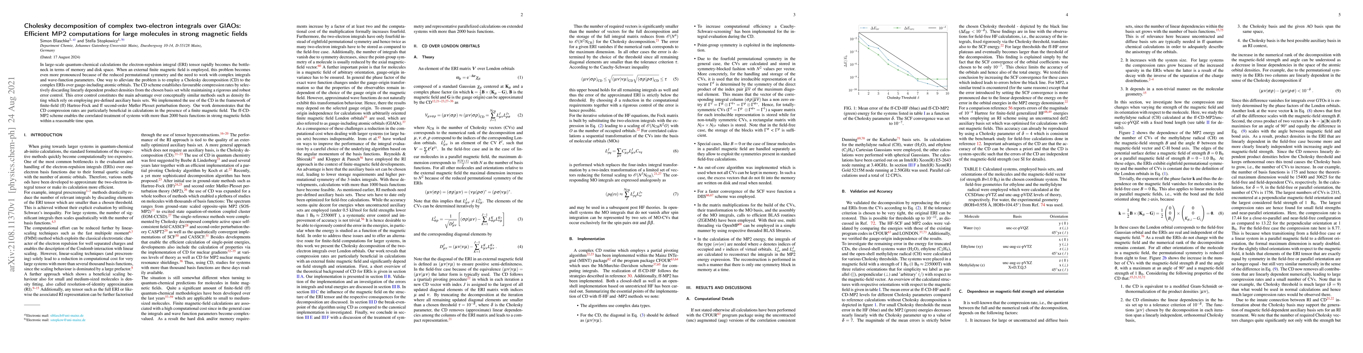 Thumbnail for Cholesky decomposition of complex two-electron integrals over GIAOs:
  Efficient MP2 computations for large molecules in strong magnetic fields