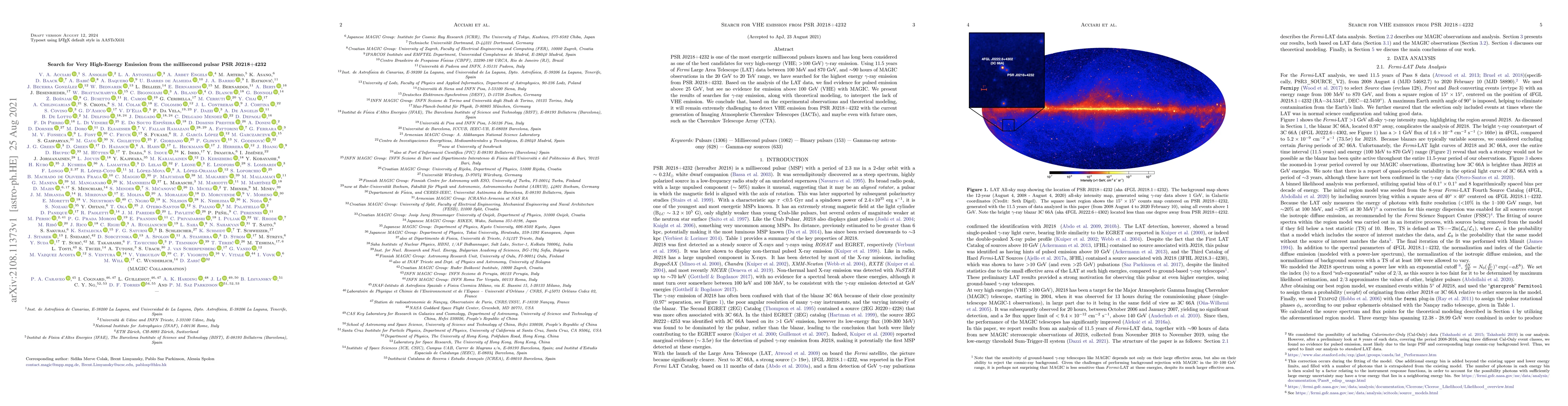 Thumbnail for Search for Very High-Energy Emission from the millisecond pulsar PSR
  J0218+4232